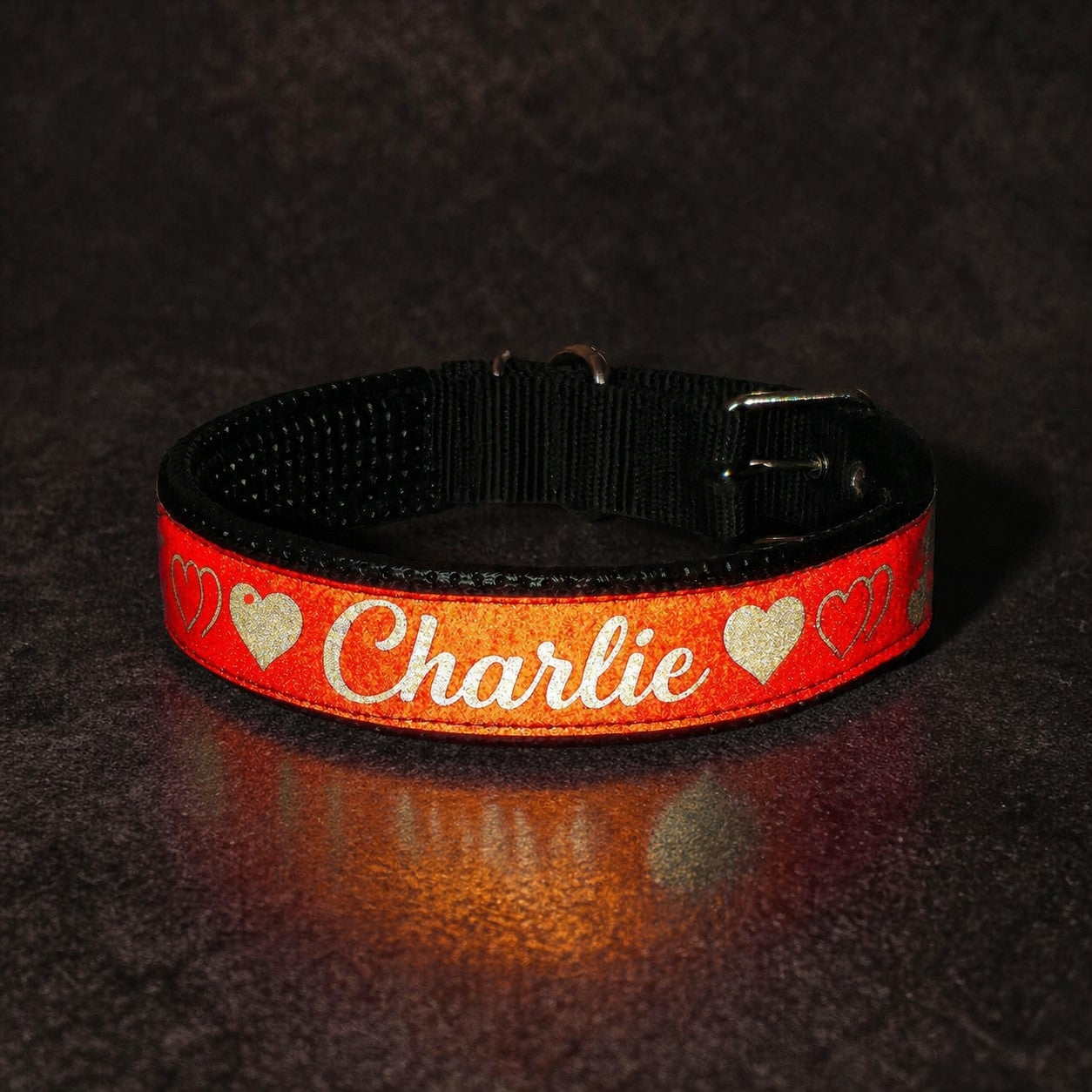 GLO-TEX LoveHeart Custom Name Reflective Dog Collar